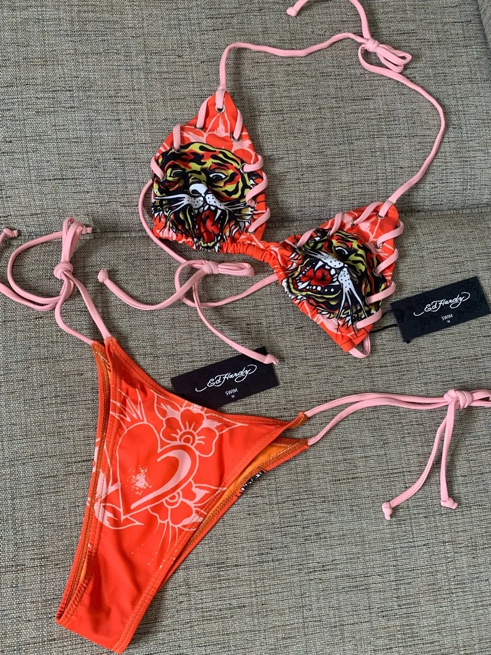 NWT ED HARDY Tiger Heads Whipstitch Bikini in Orange/Pink, Size Medium